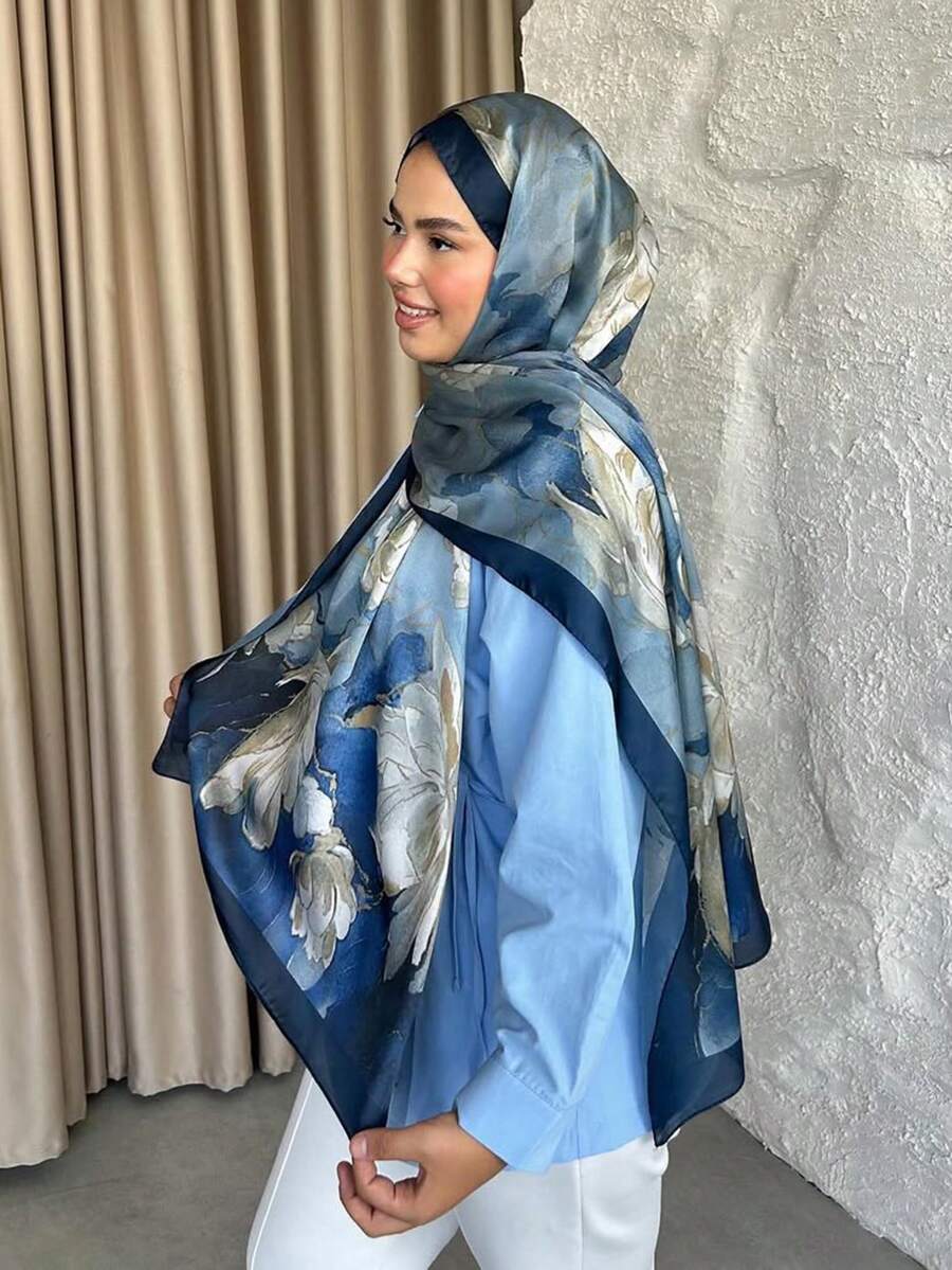 1条女士优雅亮色缎面印花长围巾，时尚顺滑轻盈披肩，适合日常休闲穿着 - 藍色 - 查看 1