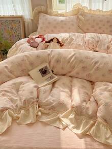 4pcs Floral Bedding Set, Soft & Comfortable Bedroom Linens, Floral Design, Cute Flower & Cartoon Animal Pattern, Breathable & Soft All-Season Bedding Set Including 1 Duvet Cover, 1 Bed Sheet, 2 Pillowcases, No Filling, Suitable For Bedroom, Dorm, Home Use, Multiple Sizes Available - Baby Pink - View 10