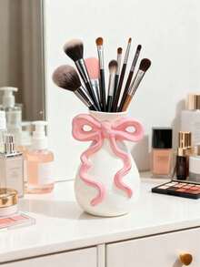 Pink Bow Vase, Playful Pink Ceramic Vase/Pen Holder 6.3x4.9x3 Inches, Makeup Brush Holder Modern Decorative Piece, Women's Christmas Gift Suitable For Home Office Storage Rack Desktop Room Decor, Playful Pink Ceramic Bow Vase, Ideal As A Centerpiece For Dining Tables. Pink And White Two-Tone Vase Doubles As A Makeup Brush Holder, - Multicolor - View 10