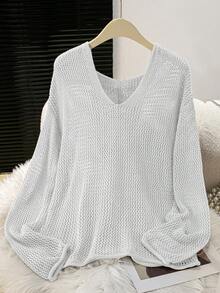 Lubi 女士春夏镂空V领长袖宽松针织衫，透气针织面料，休闲舒适，适合日常通勤、居家、休闲、下午茶、海滩度假等场合，白色 - 白色 - 查看 5