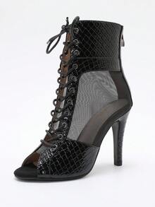 Dance Heels For Women Mesh Ballroom Dance Booties Lace Up Dance Ankle Boots With Zipper - Black - View 16