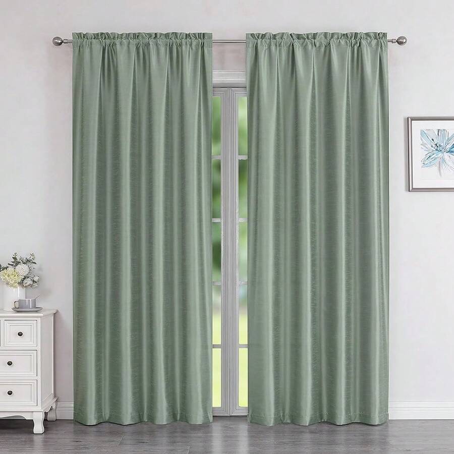 Chyhomenyc Uptown Faux Silk Light Sage Green Curtains 84 Inch Length 2 Panels Set, Light Filtering Soft Shiny Fabric Rod Pocket Window Curtains For Bedroom Living Room, 40Wx84L Inches, 7 FT, 2 Panels,Green40inchWx84inchLPackof2 - 綠色40吋寬x84吋長2個裝 - 查看 1