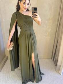 Women's Long Party Dress, One Shoulder With Elegant Slit, One Size M (Fits Sizes 38 To 42) Simple, Elegant Party Dress, Perfect For Beach, Weddings, Bridesmaids, And Graduations. - 軍綠色 - 查看 1
