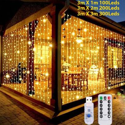 1 件 LED 窗帘灯 100/200/300 LED 仙女灯 USB 铜线灯，8 种模式闪烁灯适用于婚礼、生日派对、露营、万圣节、圣诞装饰灯，适用于户外、花园、露台、庭院、圣诞树灯
