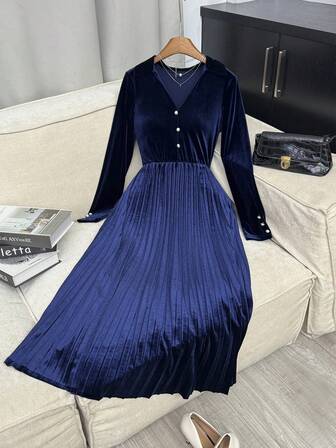 Elegant pendlarklänning i enfärgad, veckad lång klänning för kvinnor, höst/vinter