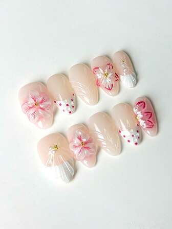 10pcs Middle Oval Press On Nails With Nude Pink Transparent Toned Sweet Gentle Bases, 3D Flower Decor (Golden Stamen-Accented), Red-White Polka Dot & Shell Texture Elements Design Shiny 100% Handmade Press On Acrylic Nails Reusable Nail Supplies For Women's Daily Or Party Wear