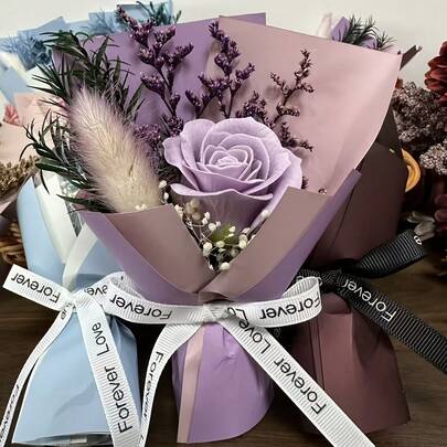 Miniature Bouquet Of Preserved And Dried Flowers - A Perfect Valentine's Day/Teacher's Day Gift. Made With Preserved Roses And Decorative Foliage, Suitable For Weddings, Valentine's Day, Mother's Day, Graduations, Teacher's Day, And Birthdays.