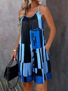 Women's Geometric Pattern Sleeveless Jumpsuit, Suitable For Vacation And Daily Wear, Summer - Blue - View 3