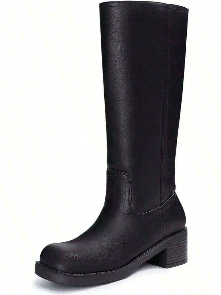 Botas altas hasta la rodilla de mujer con punta cuadrada y tacón grueso, tacón bajo, moda 2025 - Negro - Ver 1