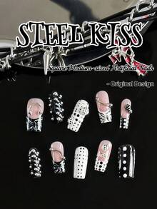 10片装手工朋克风亚克力美甲套装，包含短方形甲片、尖头杏仁形甲片、黑色甲片、手绘斑马纹甲片、波点甲片、Y2K风格甲片和法式白甲片。打造独一无二的朋克女孩造型。可爱美甲，创新设计，饰以铆钉。手工美甲贴片。 - 彩色 - 查看 2