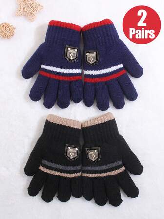 2双装儿童冬季手套，针织保暖弹力防滑儿童魔术手套，适合8-12岁男孩女孩
