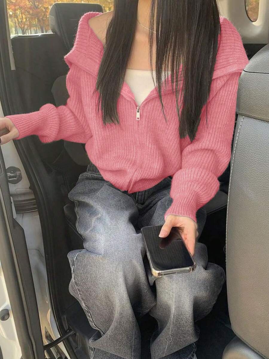 1pc Women Solid Color Faux Wool Ribbed Zip-Up Cardigan, Suitable For Home, Daily Wear, School, Holidays, Autumn - Watermelon Pink - View 1