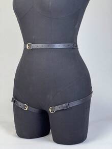 1pc Women's Gold Rivet Harness Leather Thigh And Waist Straps Artificial Leather Punk Belt Accessories Christmas Party Waist Binding Belt - Black - View 4