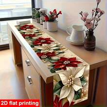 1pc Christmas Table Runner, Festive Style Polyester Rectangular Table Flag With Vivid Gold Accents, Bell & Bow Details, Washable & Durable For Dining Table Decor, Perfect As Christmas Table Decoration, Holiday Party Table Accent & Suitable For Christmas Celebrations, Winter Festive Dinners, Home & Party Table Decor - Multicolor - View 6