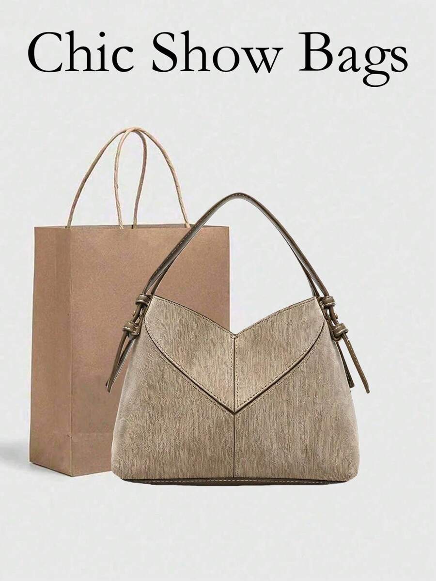 Mother-Daughter Bag Set With V-Shaped Patchwork Stitching Design – A Stylish Women's Handbag Boasting Minimalist High-End Texture. It's A Versatile Retro Shoulder & Crossbody Bag Equipped With A Long Shoulder Strap, Ideal As A Commuter Bag - Brown - View 1
