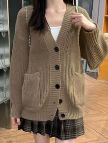 Women Solid Color Front Button V-Neck Double Pocket Long Sleeve Knit Cardigan