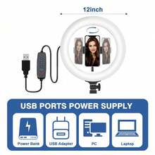 UEGOGO Đèn vòng LED 12 inch kèm chân đế ba chân điều chỉnh được 63 inch, kẹp điện thoại và nguồn USB. Có tính năng điều chỉnh độ sáng/nhiệt độ màu (Trắng ấm/Ánh sáng ban ngày lạnh), ba chế độ màu và thiết kế nhỏ gọn, phù hợp sử dụng tại nhà. Thích hợp cho chụp ảnh, quay video, phát trực tiếp, họp Zoom, làm vlog. Có chân đế để chụp ảnh, quay video, phát trực tiếp, họp phòng, làm vlog, đèn selfie, đèn điện thoại, đèn vòng có chân đế. - màu đen - Xem 3