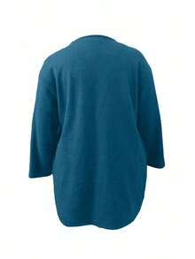 Plus Size Mid-Length Coat, Front Button Closure, Round Neck, Long Sleeve, Solid Color Woolen Coat, Autumn/Winter Bestseller - Teal Blue - View 2