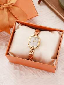 1pc Stylish Rectangular Dial Steel Band Quartz Watch, Suitable For Birthday Gift, Graduation Gift, Singles Day, Etc. - Yellow - View 4