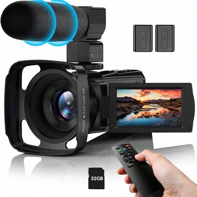 Nicamery FHD 1080P 24.0MP 3.0-tums 270 graders rotationsskärm 16X digital zoom videokamera med mikrofon, fjärrkontroll och 2 batterier