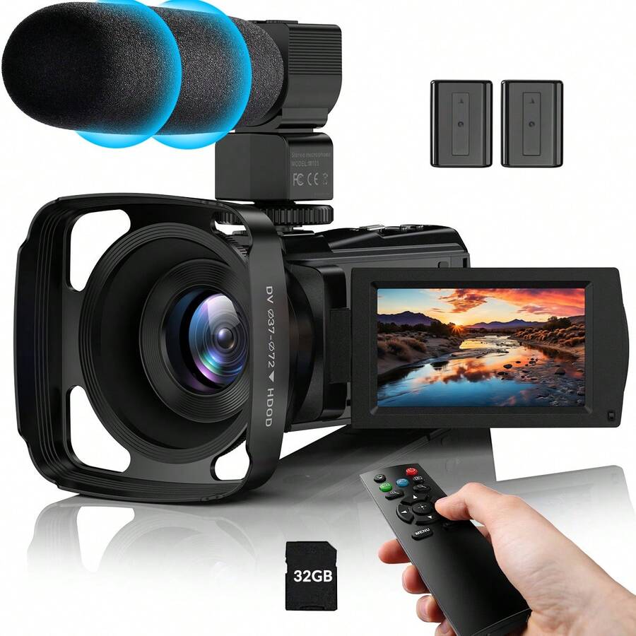 Nicamery FHD 1080P 2400万像素 3.0英寸 270度旋转屏幕 16倍数码变焦摄像机，带麦克风、遥控器和2块电池 - 黑色 - 查看 1