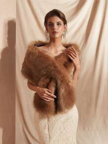 1 chiếc khăn choàng dài bằng lông giả màu sâm panh dành cho cô dâu, áo khoác mùa đông - Màu Khaki - Xem 2