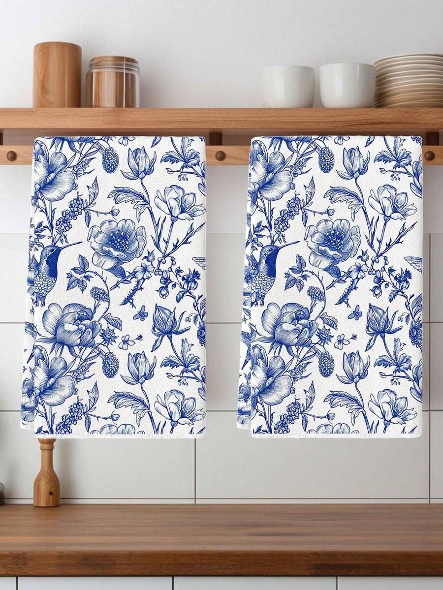1/2/4 Pcs Retro Chinese Style Kitchen Towels Microfiber Dish Towels Hand Towels Tea Towels Blue And White Porcelain Flower Bird Farmhouse Pattern Thick Soft Absorbent Machine Washable Decorative Towels For Kitchen Bathroom Daily Cleaning Kitchen Dining Table Decoration Kitchen Supplies Christmas Gift Ideal For Gifting Home Kitchen Essentials Festive Decor - Xanh và trắng - Xem 1