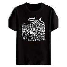 Men's Vintage Punk Rock Band T-Shirt - Black Gothic & Violence Text Print, Breathable Tee With Iconic Logo Design For Concerts, Festivals, Casual Wear - Edgy Music Lovers Short Sleeve Shirt - 黑色 - 查看 1