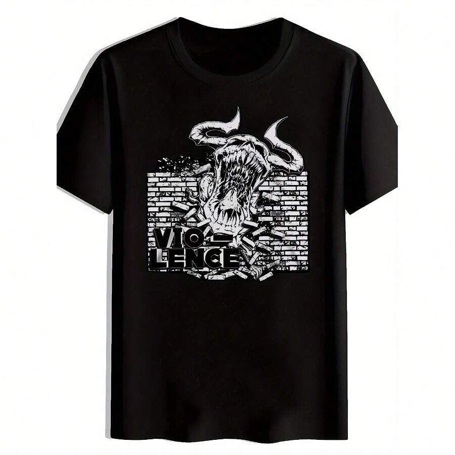Men's Vintage Punk Rock Band T-Shirt - Black Gothic & Violence Text Print, Breathable Tee With Iconic Logo Design For Concerts, Festivals, Casual Wear - Edgy Music Lovers Short Sleeve Shirt - 黑色 - 查看 1