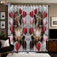 2pcs/Set Valentine's Day Heart Design (2-Panel Split): Colorful Heart & Kitten Printed Blackout Curtains, Suitable For Living Room And Bedroom, Made Of Polyester Fabric, Machine Washable, Home Decor - 2132+DKCL - View 3