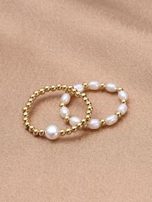 1 Set 18K Gold Plated Natural Pearl Elastic Rope Women Rings - Multicolor - View 3