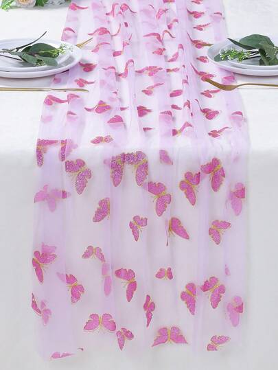 1 قطعة من طاولة مزينة بنمط الفراشة الوردية، 75 سم * 180 سم، شبكة شفافة لطاولة الحفلات والأعياد والزفاف وأعياد الميلاد والمناسبات المنزلية، ديكور طاولة حفلة الفراشات
