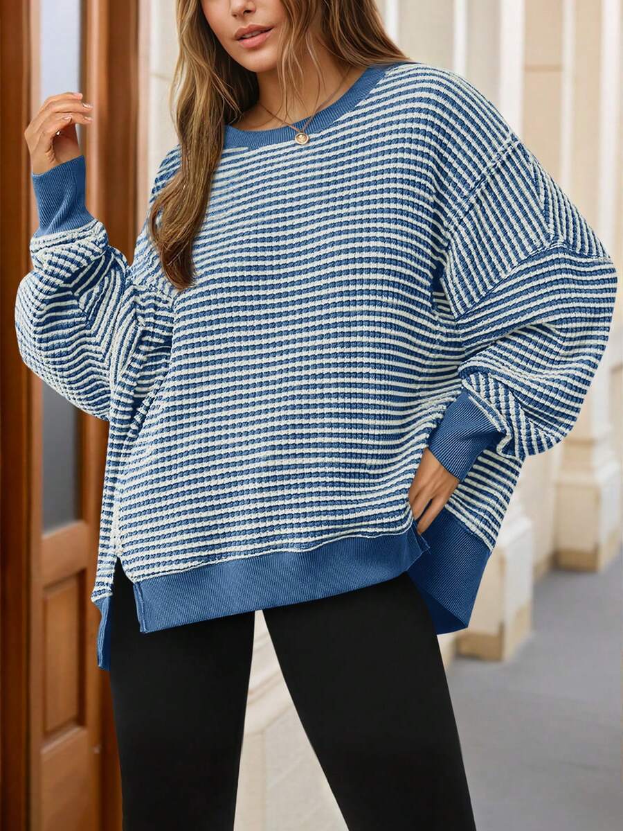 Fisoew Women's Fall Y2K Oversized Outdoor Sweatshirt, Casual Waffle Knit Long Sleeve Top, Split Hem Tunic Pullover For Hiking Camping Aesthetic - 深藍色 - 查看 1