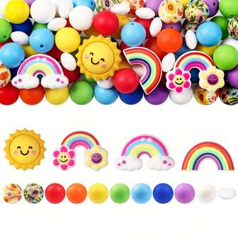 25/30/69pcs 3D Rainbow Sun Theme Silicone Beads | Silicone Focal Beads And 15mm Printed Round Beads, For Making Keychains, Lanyards, Pens, Focal Beads And Accessories, Keychain Accessories, Colorful Beads Decor, Suitable For Holiday Gifts, Birthday Gifts, Back To School, Halloween, Thanksgiving, Christmas Gifts