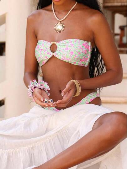 Women's Summer Bikini Set, Featuring A Bikini Bra Tube Top With Floral Print, Strapless Design, And Chest Cushion; Low Waisted Thongs. Super Soft, Skin Friendly, Durable, Not Easily Deformed, Good Breathability, Comfortable To Wear. Very Suitable For Summer Vacation, Beach, Swimming Pool, Family Pool Parties