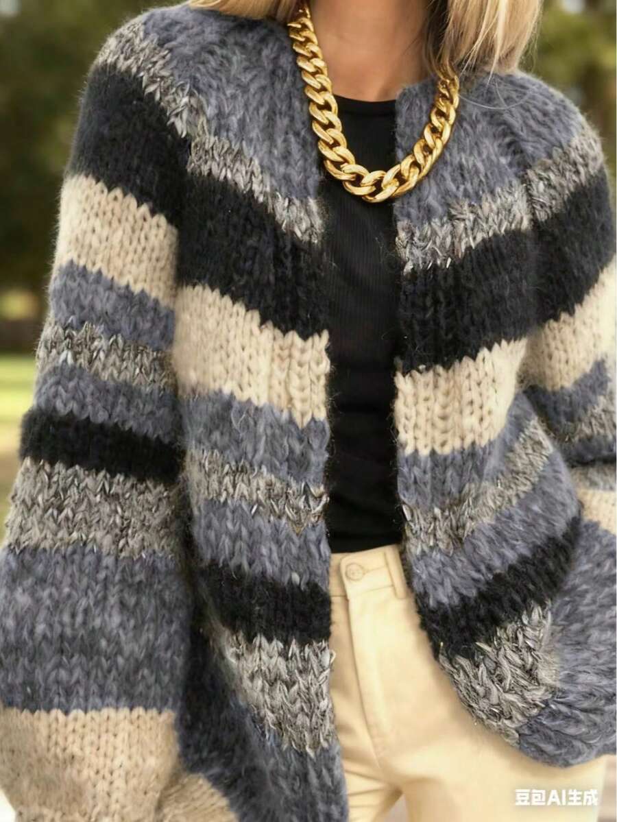 Women's Fashion Loose Casual Comfortable Retro Striped Contrast Color Cardigan - Multicolor - View 1