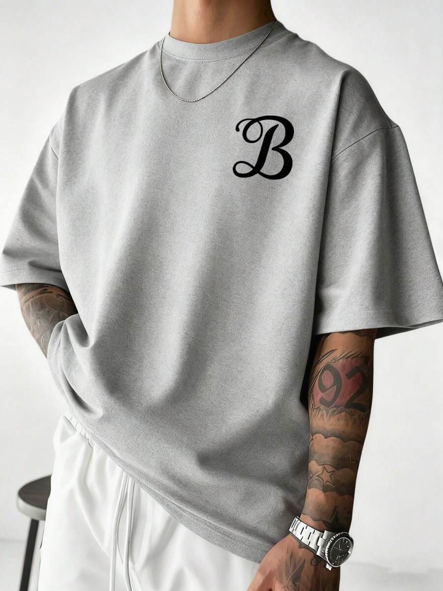 Zrgoth Men's Casual Versatile Simple Letter B Chest Graphic Print Short Sleeve T-Shirt - Grey - View 1
