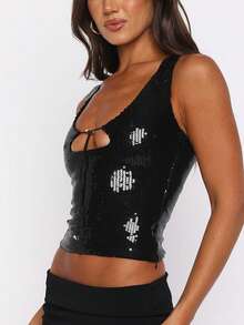 Women's Sequins Tank Tops Sleeveless Scoop Neck Sparkly Rave Party Club Camisole Vest Top - màu đen - Xem 5