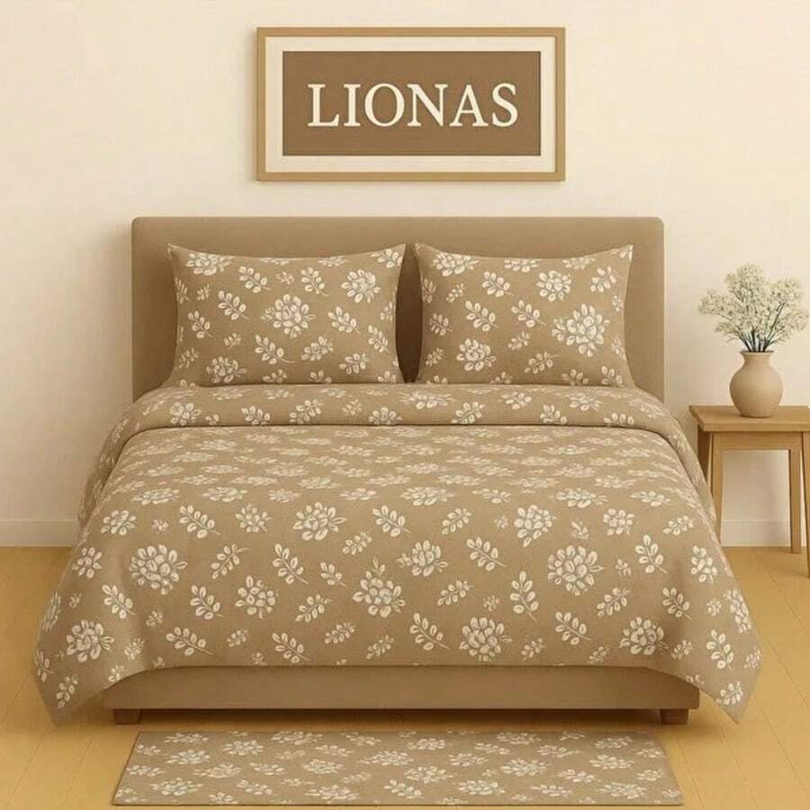Bộ ga trải giường đôi có họa tiết – Ga trải giường có khóa kéo (200x230 cm) + 2 vỏ gối kiểu phong bì (50x70 cm) – Chất liệu mềm mại và thoáng khí, 80% cotton 20% polyester – Bền, thoải mái và thời trang, sản xuất tại Thổ Nhĩ Kỳ - Màu vàng trâu - Xem 1