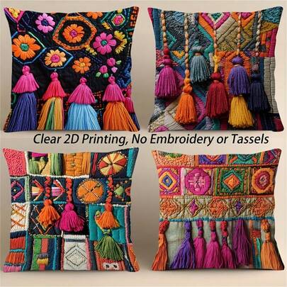 4 fundas de cojín a cuadros y con estampado colorido, impresión tradicional de un solo lado, suave y cómoda de poliéster, 45x45cm, cierre con cremallera, lavable a máquina, adecuado para decoración del hogar, sala de estar, dormitorio, patio, vacaciones, regalos