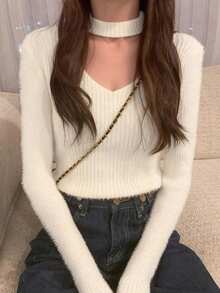 Women's Solid Color Stand Collar Long Sleeve Slim Fit Hollow Out Casual Sweater, Autumn/Winter - White - View 4