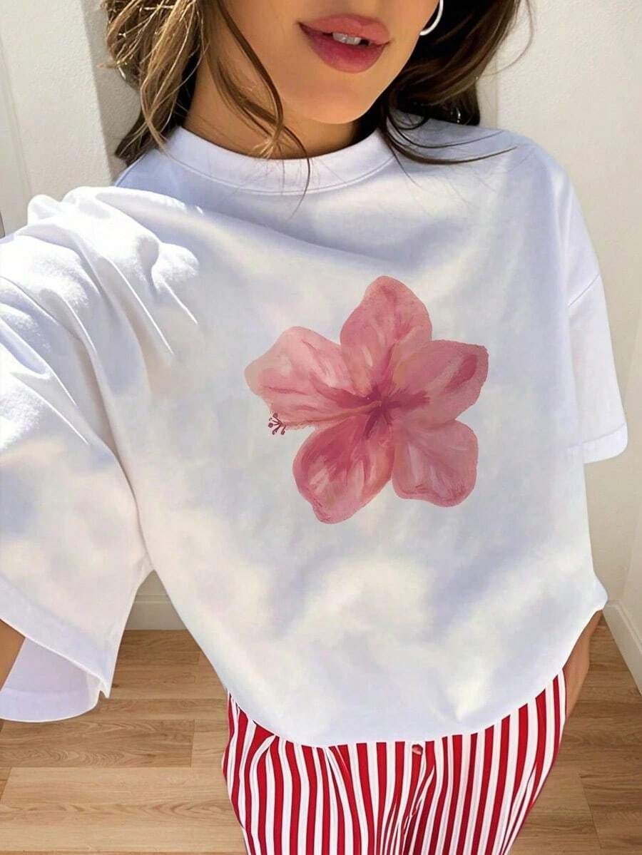 1pcs Plus Size Women's Loose Fit T-Shirt, Printed With Watercolor Pink Hibiscus Flowers, Perfect For Tropical Vacations, Beach Dates, Summer Parties - 白色 - 查看 1