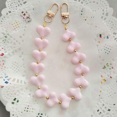 1pc Solid Color Acrylic Heart Beaded Phone Lanyard, Camera Strap, Water Bottle Strap, Fashion Lightweight Luxury Heart Charm Bag Clip