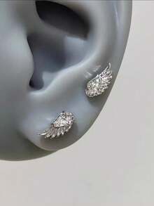 1对时尚银色锆石翅膀耳钉和心形十字架耳钉，奢华闪亮水晶几何耳夹首饰，女士礼物