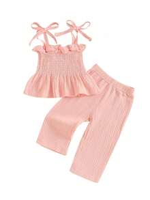 Conjunto de 2 piezas para niñas pequeñas, camiseta sin mangas de color liso y pantalones elásticos, ropa de verano para bebés - Rosa - Ver 1
