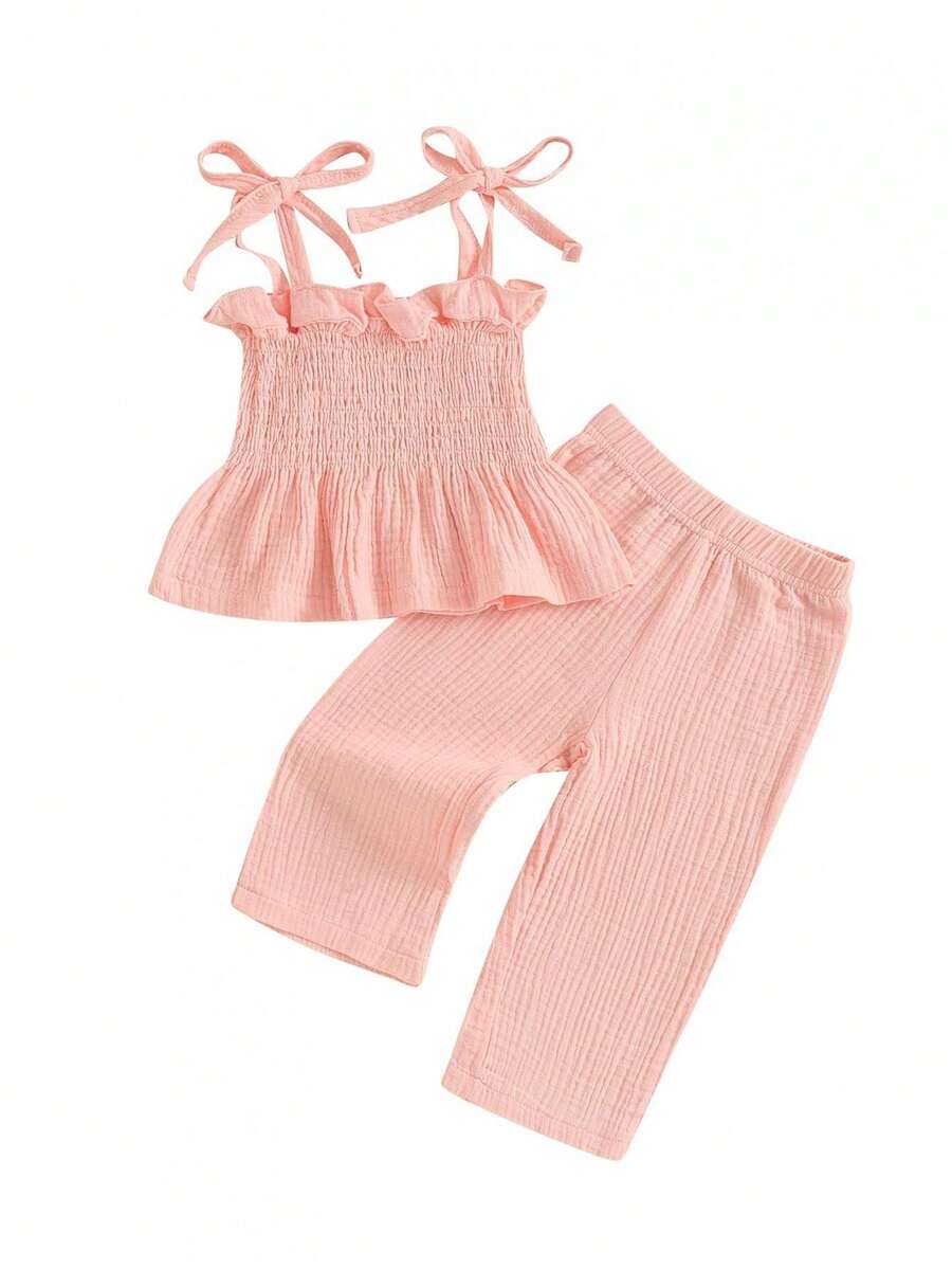 Conjunto de 2 piezas para niñas pequeñas, camiseta sin mangas de color liso y pantalones elásticos, ropa de verano para bebés - Rosa - Ver 1