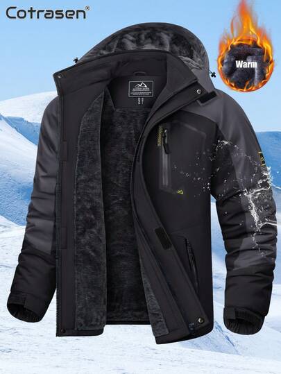 Cotrasen Men's Winter Fleece Jacket Waterproof Windproof Ski Snow Jacket Thicken Warm Mountaineering Hiking Jacket Hooded Rain Coat