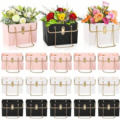 1/4pcs Portable Bouquet Carry Bags With Metal Chain, Pink, Black & White Creative Paper Flower Gift Packaging Bag For Wedding, Bridal Shower, Anniversary Celebrations, Valentine's Day & Engagement Party Favors Decorations
