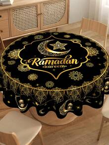 1 Stück Ramadan Tischdecke, 150CM Ramadan Kareem Polyester Runde Tischdecke, Schwarz Gold Mond Stern Laterne Muster Eid Mubarak Tischdecke, Ramadan Dekorationen für Zuhause, Feiertags Küche Esszimmer Tischdekoration, Eid Al-Fitr Festival Party Feier Zubehör - Verschiedenfarbig - Übersicht 6