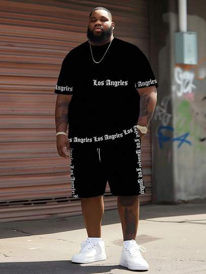 2pcs/Set Big & Tall Men's Vintage Streetwear Inspired All-Black Tee With "Los Angeles" Graphic Print + Matching Shorts With Repeating Text Decor, Plus Size Relaxed Fit Casual Outfit Summer